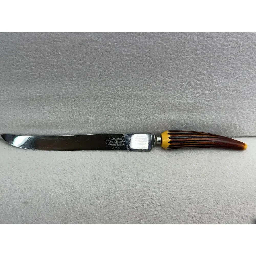 VTG Sheffield England Carving Knife Fork Set Faux Horn Handle Stainless READ